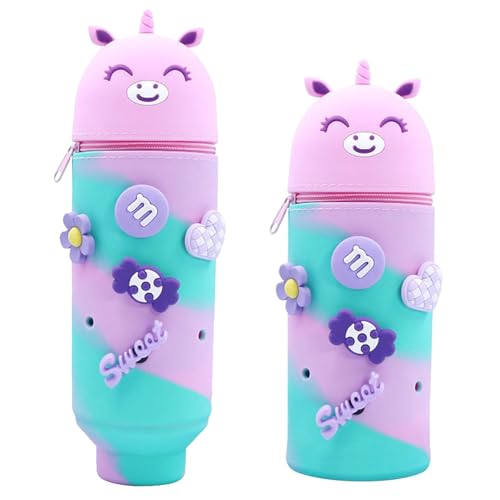 Federmäppchen, Mäppchen, Weichem Silikon Kawaii Federmäppchen, Bleistift Koffer mit Großer Kapazität, Stand up Federmappe, Tragbares Schreibwarenfall, Stiftehalter Kinder mit Reißverschluss (Einhorn) von BRTNUP
