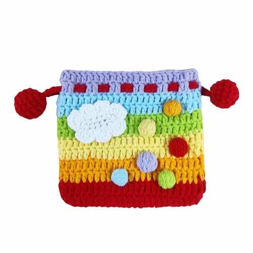 BRTOO Kleine gehäkelte Geldbörse, handgefertigt, gestrickt, Münzgeldbörse, Mini-Kordelzug, Kopfhörer-Aufbewahrungstasche für Damen und Mädchen, Regenbogen, Niedlich von BRTOO