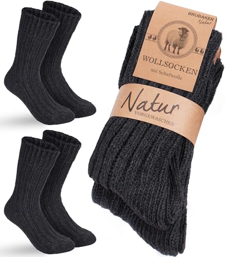 BRUBAKER 2 Paar Wollsocken - Wintersocken für Damen und Herren - Warm und Flauschig - Winter Socken Set mit Schafwolle - Thermosocken Stricksocken - Anthrazit - Größe 39-42 von BRUBAKER