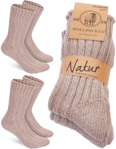 BRUBAKER 2 Paar Wollsocken - Wintersocken für Damen und Herren - Warm und Flauschig - Winter Socken Set mit Schafwolle - Thermosocken Stricksocken - Beige - Größe 47-50 von BRUBAKER