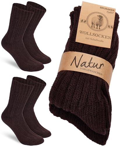 BRUBAKER 2 Paar Wollsocken - Wintersocken für Damen und Herren - Warm und Flauschig - Winter Socken Set mit Schafwolle - Thermosocken Stricksocken - Braun - Größe 35-38 von BRUBAKER