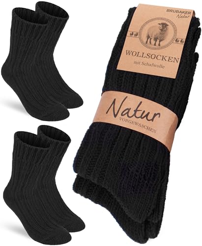 BRUBAKER 2 Paar Wollsocken - Wintersocken für Damen und Herren - Warm und Flauschig - Winter Socken Set mit Schafwolle - Thermosocken Stricksocken - Schwarz - Größe 35-38 von BRUBAKER