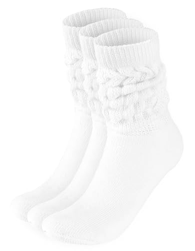 BRUBAKER 3 Paar Slouch Socken - Damen Schoppersocken für Sport und Freizeit - Lässige Retro-Socken für Frauen - Scrunch Knit Baumwollsocken - Weiß - Größe: 35-38 von BRUBAKER