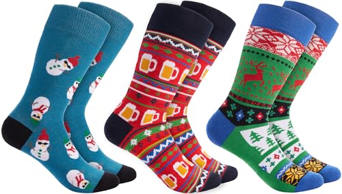 BRUBAKER 3 Paar Weihnachtssocken - Lustige Socken für Damen und Herren mit Weihnachtsmotiven - Bunt, Schneemänner und Xmas Bier - Baumwolle - Geschenk Weihnachten - EU 35-40 von BRUBAKER