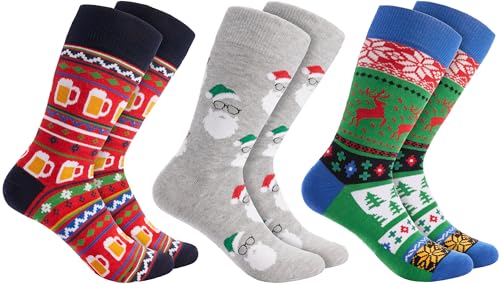 BRUBAKER 3 Paar Weihnachtssocken - Lustige Socken für Damen und Herren mit Weihnachtsmotiven - Bunt, Weihnachtsmannbärte und Xmas Bier - Baumwolle - Geschenk Weihnachten - EU 41-45 von BRUBAKER