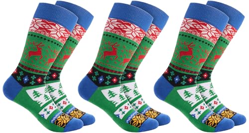 BRUBAKER 3 Paar Weihnachtssocken für Damen und Herren - Weihnachtsmuster Rentiere Grün - Baumwolle Socken Weihnachten - Größe 35-40 von BRUBAKER