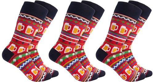 BRUBAKER 3 Paar Weihnachtssocken für Damen und Herren - Weihnachtsmuster mit Bier Rot - Baumwolle Socken Weihnachten - Größe 35-40 von BRUBAKER