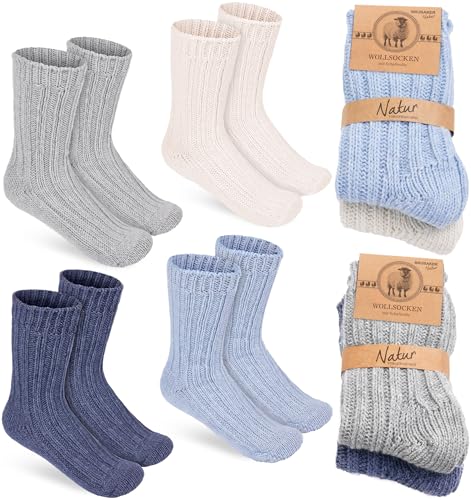 BRUBAKER 4 Paar Kinder Wollsocken - Warme Wintersocken für Jungen und Mädchen - Flauschiges Socken Set mit Schafwolle - Winter Kindersocken - Dunkelblau, Grau, Blau und Beige - Größe 27-30 von BRUBAKER