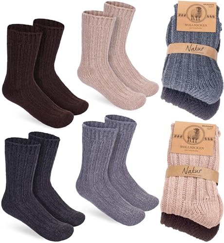 BRUBAKER 4 Paar Kinder Wollsocken - Warme Wintersocken für Jungen und Mädchen - Flauschiges Socken Set mit Schafwolle - Winter Kindersocken - Grau, Braun, Beige und Anthrazit - Größe 27-30 von BRUBAKER