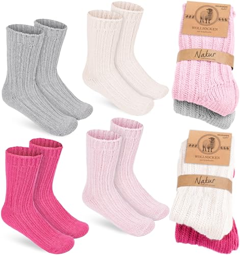 BRUBAKER 4 Paar Kinder Wollsocken - Warme Wintersocken für Jungen und Mädchen - Flauschiges Socken Set mit Schafwolle - Winter Kindersocken - Rosa, Beige, Grau und Pink - Größe 27-30 von BRUBAKER