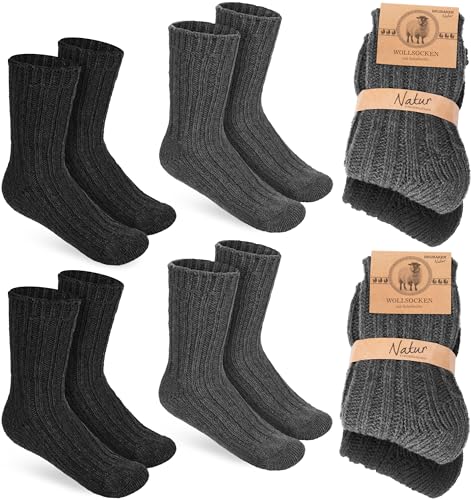 BRUBAKER 4 Paar Kinder Wollsocken - Warme Wintersocken für Jungen und Mädchen - Flauschiges Socken Set mit Schafwolle - Winter Kindersocken - Schwarz und Anthrazit - Größe 27-30 von BRUBAKER