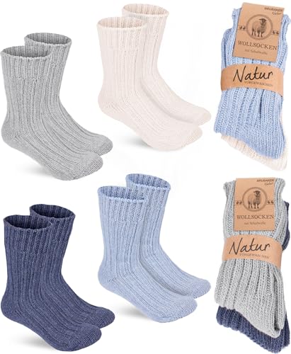 BRUBAKER 4 Paar Wollsocken - Warme Wintersocken für Damen und Herren - Flauschiges Thermosocken Set mit Schafwolle - Winter Socken - Dunkelblau, Grau, Blau und Beige - Größe 35-38 von BRUBAKER