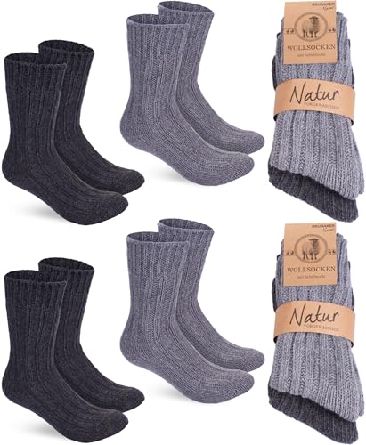 BRUBAKER 4 Paar Wollsocken - Warme Wintersocken für Damen und Herren - Flauschiges Thermosocken Set mit Schafwolle - Winter Socken - Grau und Anthrazit - Größe 43-46 von BRUBAKER