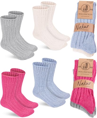 BRUBAKER 4 Paar Wollsocken - Warme Wintersocken für Damen und Herren - Flauschiges Thermosocken Set mit Schafwolle - Winter Socken - Pink, Blau, Beige und Grau - Größe 35-38 von BRUBAKER