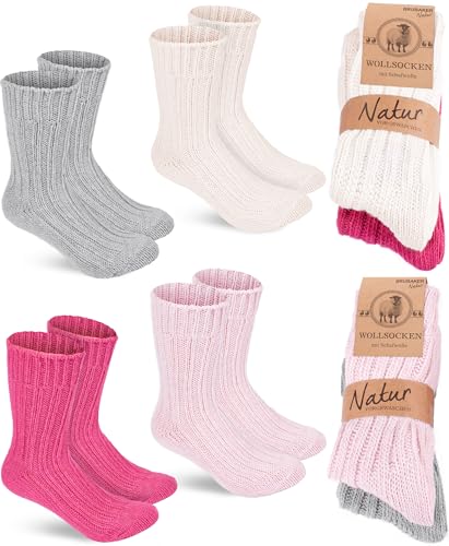 BRUBAKER 4 Paar Wollsocken - Warme Wintersocken für Damen und Herren - Flauschiges Thermosocken Set mit Schafwolle - Winter Socken - Rosa, Beige, Grau und Pink - Größe 35-38 von BRUBAKER