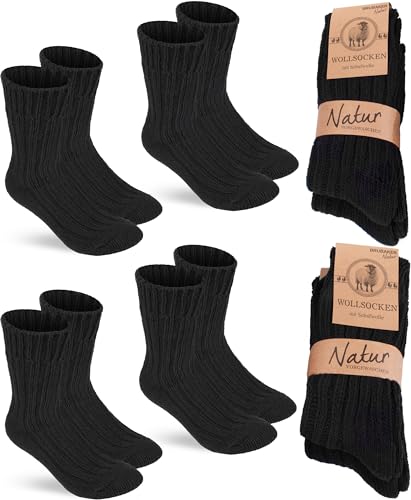 BRUBAKER 4 Paar Wollsocken - Warme Wintersocken für Damen und Herren - Flauschiges Thermosocken Set mit Schafwolle - Winter Socken - Schwarz - Größe 43-46 von BRUBAKER