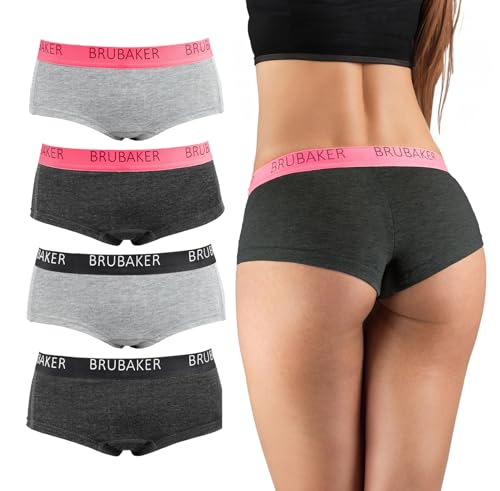 BRUBAKER 4er Pack Damen Panties - Unterhosen Slips aus Baumwolle - Hipster Unterwäsche mit Stretch Bund - Grau und Anthrazit - L von BRUBAKER