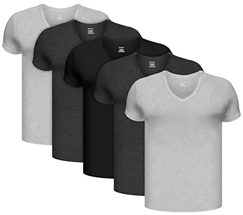 BRUBAKER 5er Pack Herren Unterhemd mit V-Neck - Kurzarm T-Shirt - V-Ausschnitt - aus hochwertiger Baumwolle (glatt) - Extra Lang - ohne Seitennähte - 1x Schwarz, 2X Anthrazit, 2X Hellgrau - Größe M von BRUBAKER