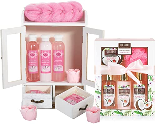 BRUBAKER Cosmetics 2 in 1 Pflegeset Kirschblüte & Kokosnuss Erdbeere - Großes 15-teiliges Wellness Set - Damen Dusch- und Badeset - Frauen Beauty Geschenkset mit Deko Holzschrank von BRUBAKER
