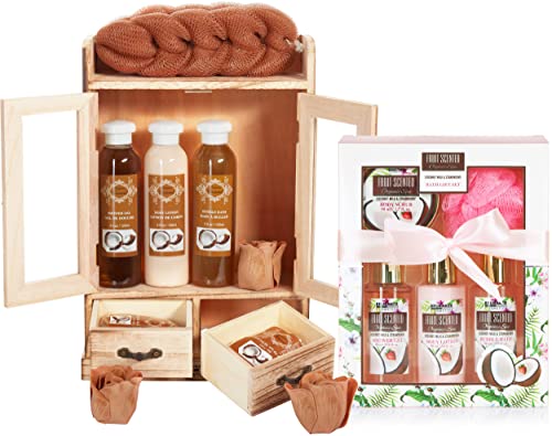 BRUBAKER Cosmetics 2 in 1 Pflegeset Kokosnuss & Kokosnuss Erdbeere - Großes 15-teiliges Wellness Set - Damen Dusch- und Badeset - Frauen Beauty Geschenkset mit Deko Holzschrank von BRUBAKER