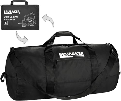BRUBAKER Faltbare Reisetasche - 110L Duffle Bag Schwarz - Wandelbare Weekender Sporttasche - Große Falttasche für Reisen, Urlaub, Fitness - Leichte Falt-Trainingstasche für Herren und Damen von BRUBAKER