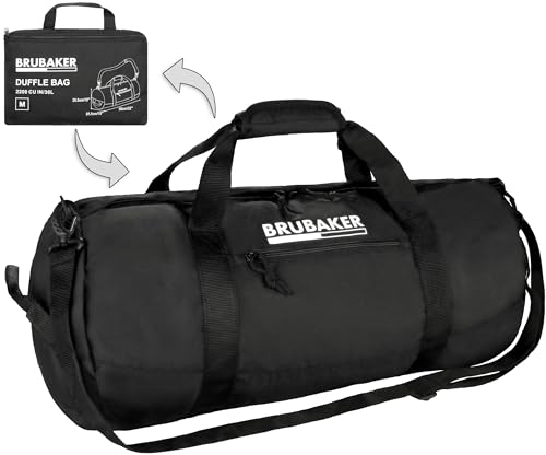 BRUBAKER Faltbare Reisetasche - 36L Duffle Bag Schwarz - Wandelbare Weekender Sporttasche - mittelgroße Falttasche für Reisen, Urlaub, Fitness - Leichte Falt-Trainingstasche für Herren und Damen von BRUBAKER