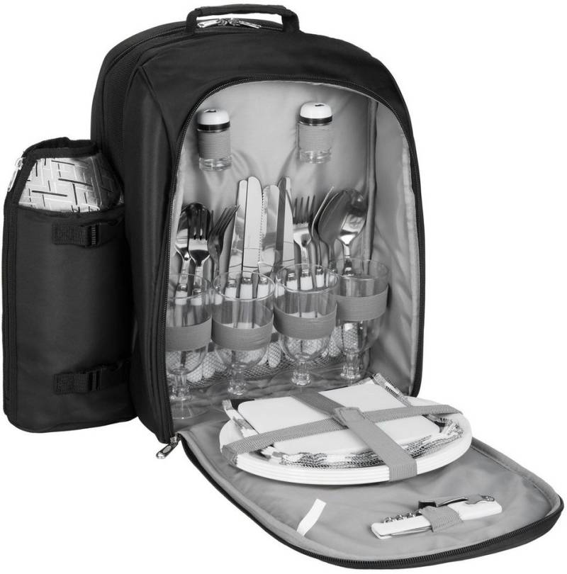 BRUBAKER Freizeitrucksack Picknick-Set für 4 Personen (isolierender Thermorucksack), Picknickrucksack mit Kühlfach und abnehmbarem Iso-Flaschenhalter von BRUBAKER