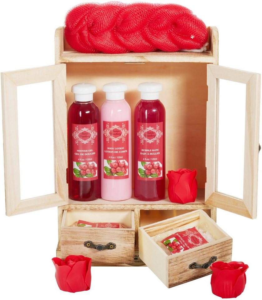 BRUBAKER Hautreinigungs-Set Bade- und Dusch Set, 10-tlg., Beauty Wellness Geschenkset für Frauen im Vintage-Schränkchen, Pflegeset mit Cranberry Duft, reinigend und pflegend von BRUBAKER