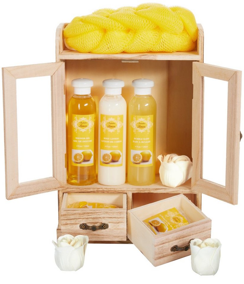 BRUBAKER Hautreinigungs-Set Bade- und Dusch Set, 10-tlg., Damen Geschenkset im Vintage-Schränkchen, Pflegeset mit Lemon Duft, reinigend und pflegend, Badeset von BRUBAKER