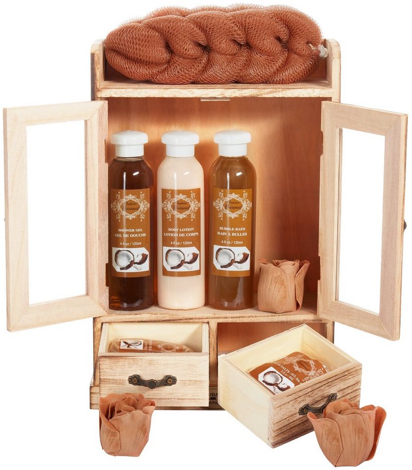 BRUBAKER Hautreinigungs-Set Bade- und Dusch Set, 10-tlg., Damen Wellness Geschenkset im Vintage-Schränkchen, Pflegeset Kokos Duft, reinigend und pflegend, Badeset von BRUBAKER