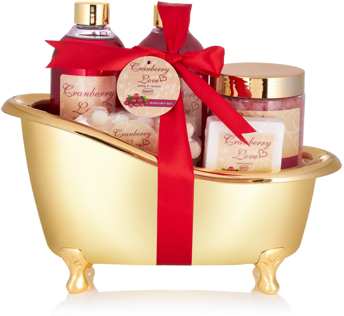 BRUBAKER Hautreinigungs-Set Bade- und Dusch Set, 6-tlg., Damen Geschenkset mit Deko Badewanne, Frauen Beauty Wellness Badeset mit Cranberry Duft von BRUBAKER