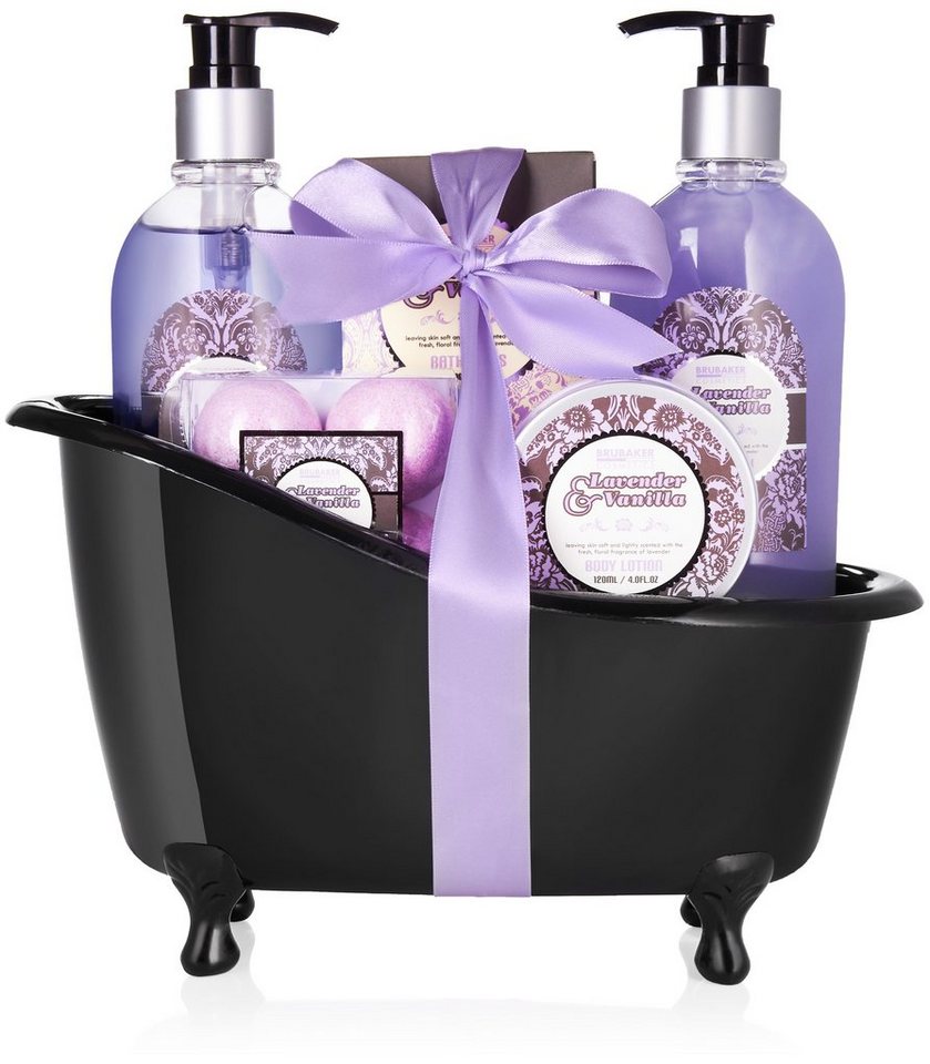 BRUBAKER Hautreinigungs-Set Bade- und Dusch Set, 9-tlg., Damen Geschenkset mit Deko Badewanne Schwarz, Badeset mit Lavendel & Vanille Duft, Pflegeset von BRUBAKER