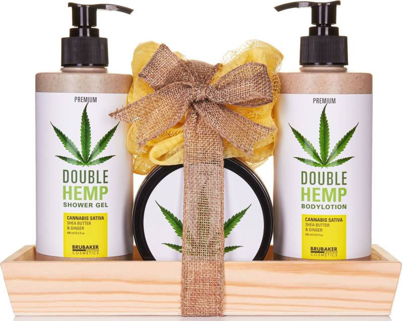 BRUBAKER Pflege-Geschenkset Beauty Geschenkset mit Shea Butter & Ingwer Duft, 5-tlg., Damen Hanf Badeset mit Deko-Tablett aus Holz, Pflegeset für Frauen von BRUBAKER