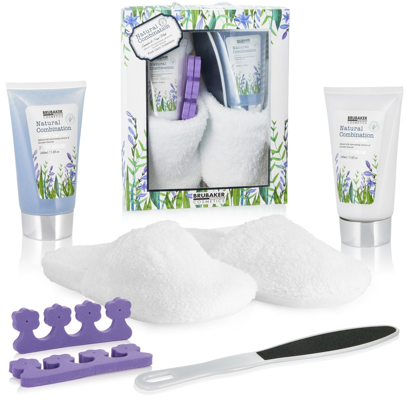 BRUBAKER Hautreinigungs-Set Beauty Wellness Set mit Hausschuhen, 6-tlg., Frauen Fußpflege Set mit Slippers aus Teddy Plüsch, Geschenkset mit Lavendel Salbei Minze Duft von BRUBAKER