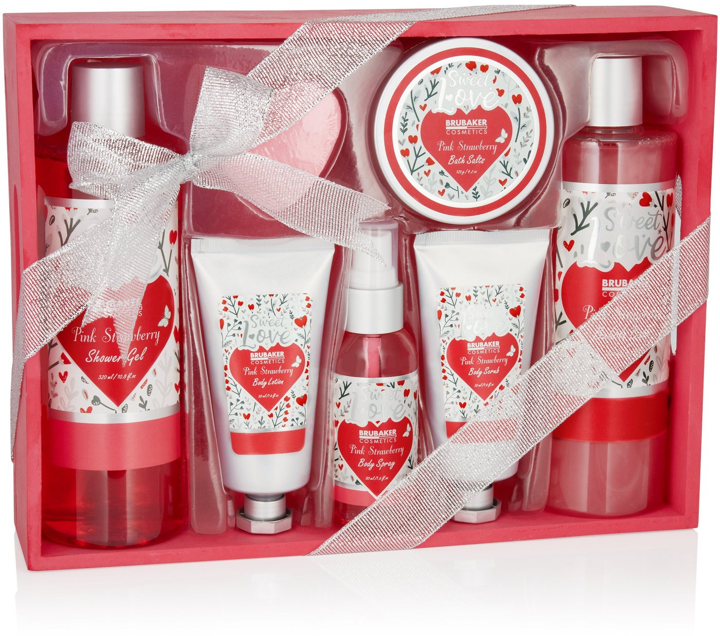 BRUBAKER Hautreinigungs-Set Dusch- und Badeset Sweet Love", 8-tlg., Damen Geschenkset im Blumen Design, Herz Pflegeset mit Erdbeeren Duft, Beauty Wellness Set für Frauen" von BRUBAKER