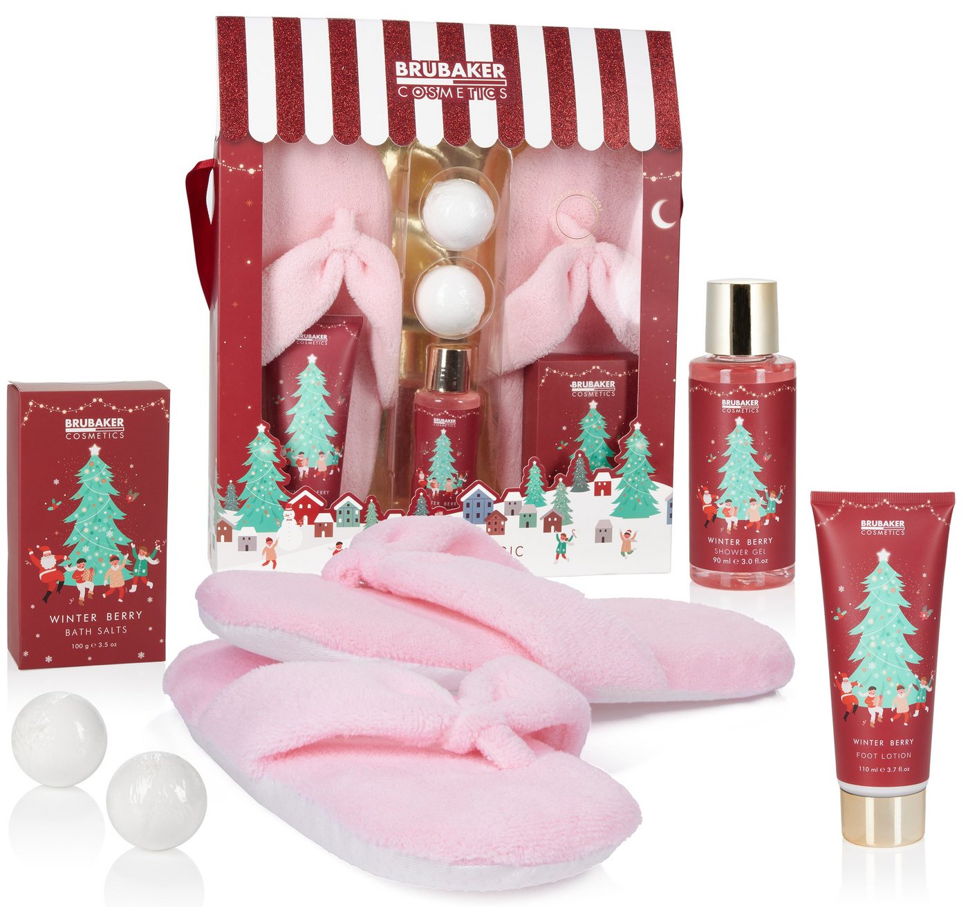 BRUBAKER Hautreinigungs-Set Dusch- und Badeset Weihnachten, 6-tlg., Frauen Geschenkset mit Plüsch Hausschuhen, Wellness Pflegeset mit Winter-Beeren Duft für Damen von BRUBAKER