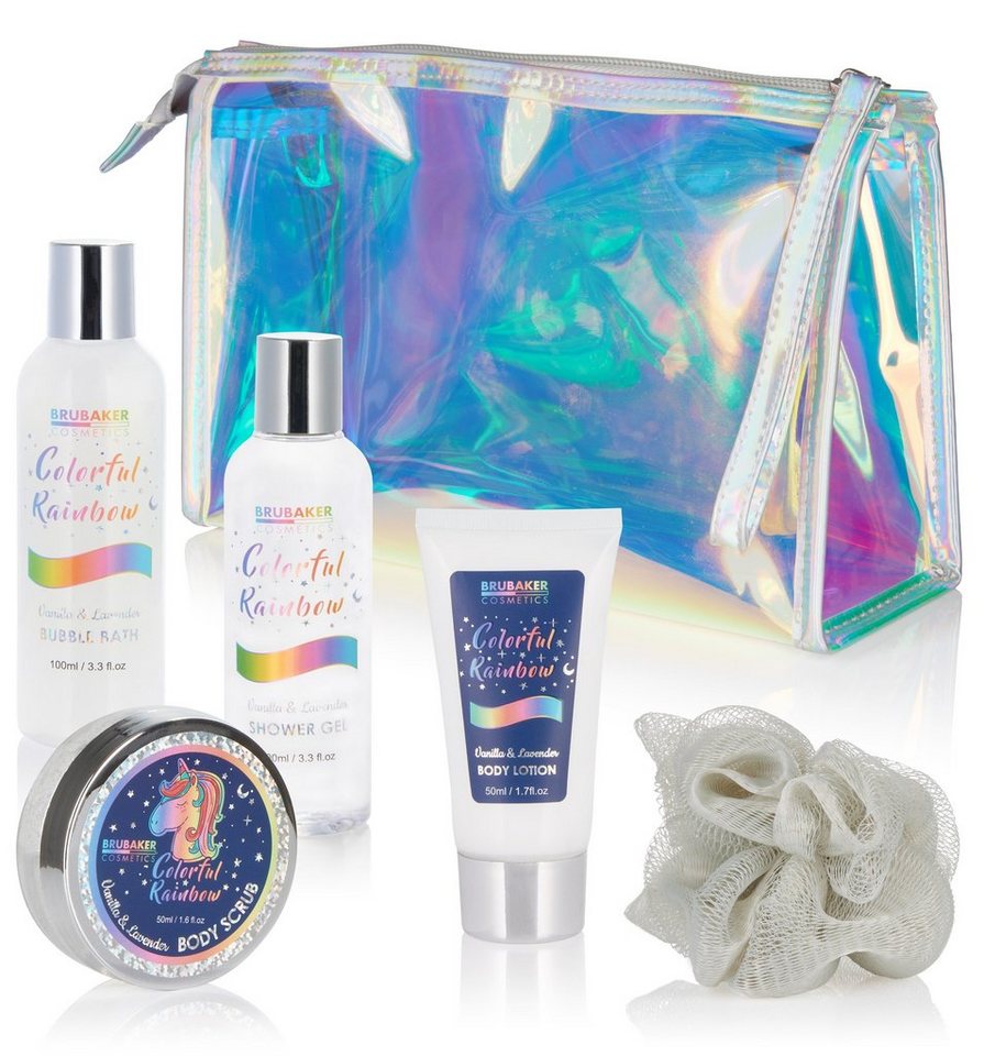 BRUBAKER Hautreinigungs-Set Dusch- und Badeset für Frauen, Pflegeset, 6-tlg., Einhorn Geschenkset in Kosmetiktasche, Wellness Set mit Vanille Lavendel Duft von BRUBAKER