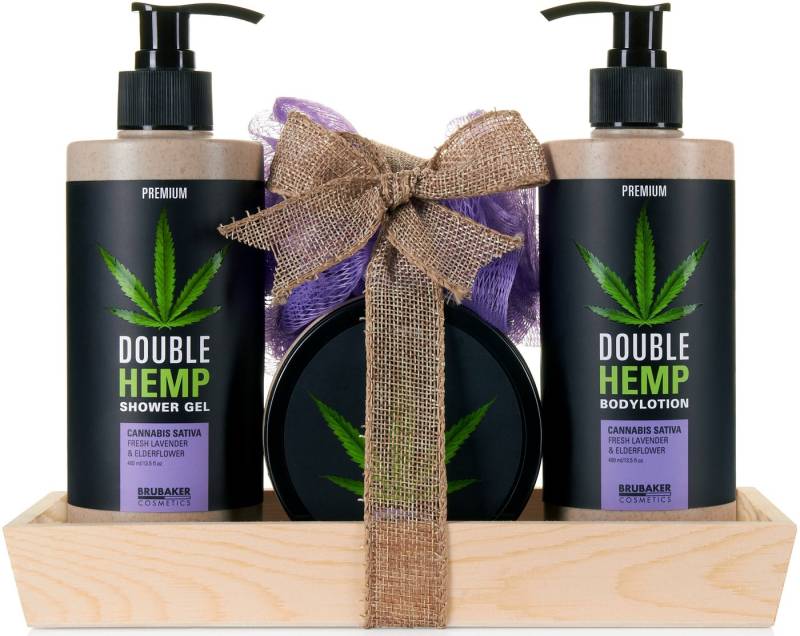 BRUBAKER Pflege-Geschenkset Dusch- und Badeset mit Deko-Tablett Holz, Wellness Geschenkset, 5-tlg., Hanf Beautyset mit Lavendel & Holunderblüten Duft, Damen Pflegeset von BRUBAKER