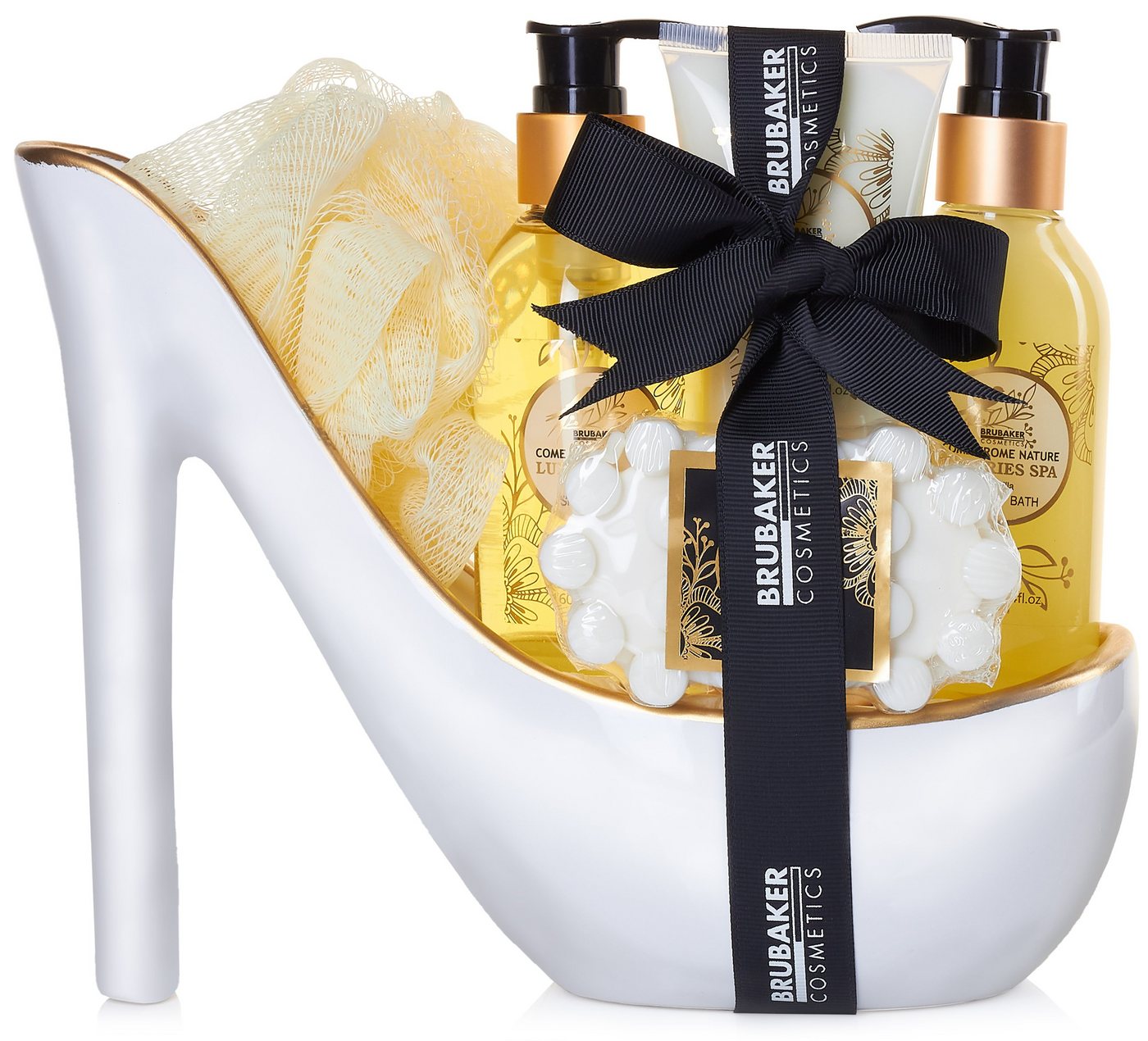 BRUBAKER Hautreinigungs-Set Dusch- und Badeset mit Vanille Spa Duft, 6-tlg., Frauen Geschenkset in Keramik Stiletto, Luxus Pflegeset in Deko High Heel für Damen von BRUBAKER