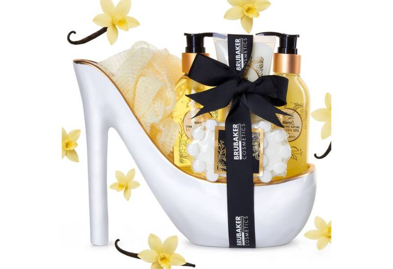 BRUBAKER Pflege-Geschenkset Dusch- und Badeset mit Vanille Spa Duft in Deko High Heel für Damen, 6-tlg., Frauen Geschenkset in Keramik Stiletto, Luxus Pflegeset von BRUBAKER