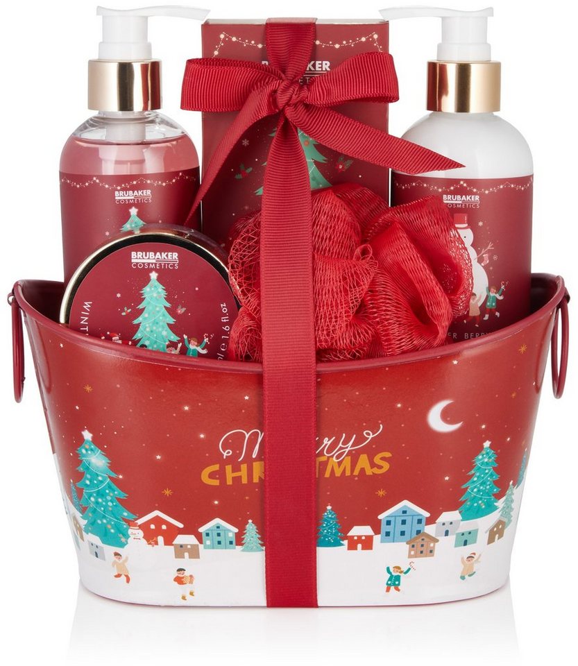 BRUBAKER Hautreinigungs-Set Dusch- und Badeset mit Winter Beeren Duft, 6-tlg., Weihnachten Geschenkset für Frauen, Beauty Pflegeset in Metallwanne, Damen Wellness Set Rot von BRUBAKER