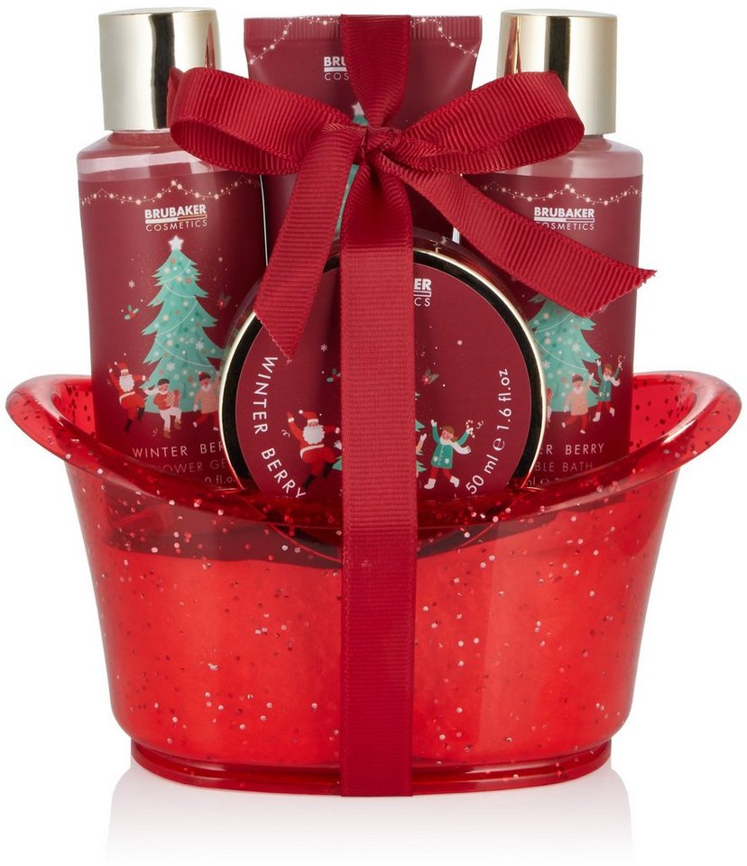 BRUBAKER Hautreinigungs-Set Dusch- und Badeset mit Winter Beeren Duft, 5-tlg., Frauen Geschenkset Weihnachten in Deko Wanne, Beauty Wellness Pflegeset Merry Christmas, Rot von BRUBAKER