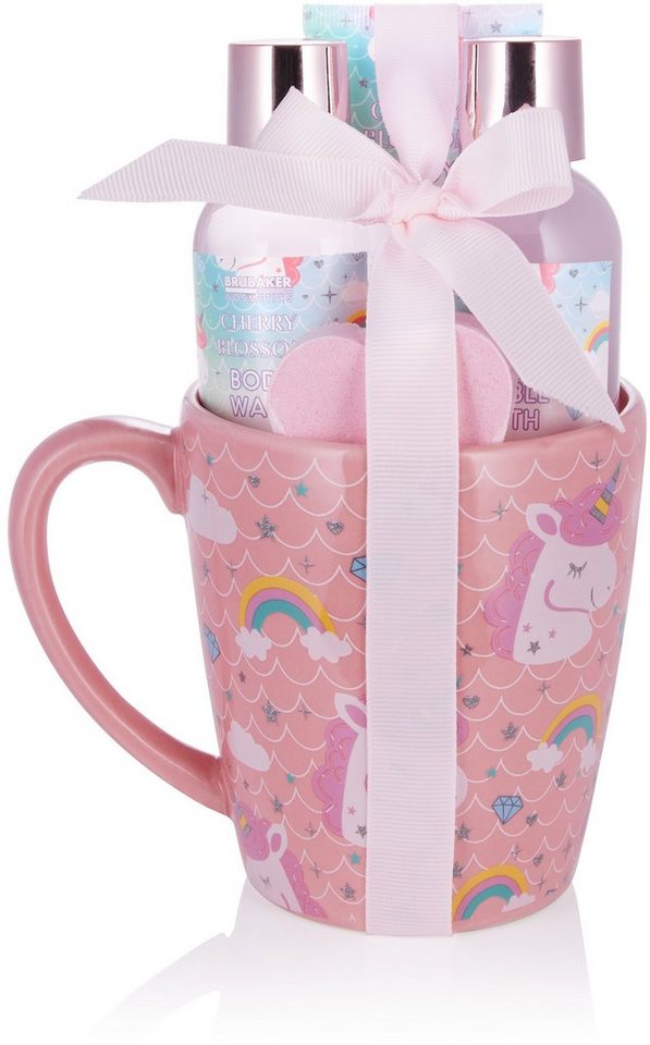 BRUBAKER Hautreinigungs-Set Einhorn Dusch- und Badeset mit Kirschblüten Duft, 5-tlg., Frauen Geschenkset in XXL Einhorn Becher, Beauty Pflegeset in Kaffeetasse, Wellness Set für Damen und Mädchen von BRUBAKER