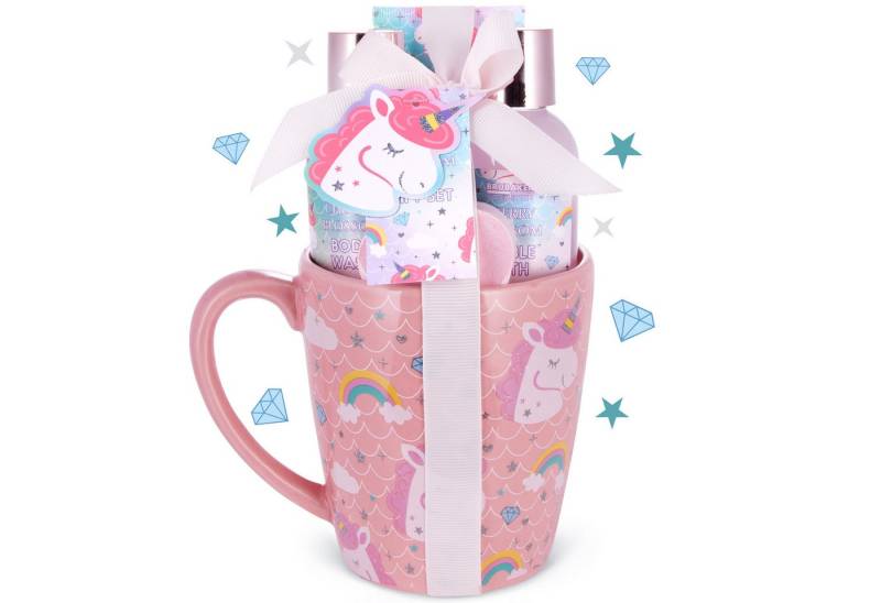 BRUBAKER Pflege-Geschenkset Einhorn Dusch- und Badeset mit Kirschblüten Duft in Kaffeetasse, 5-tlg., Frauen Geschenkset in XXL Einhorn Becher, Beauty Pflegeset von BRUBAKER