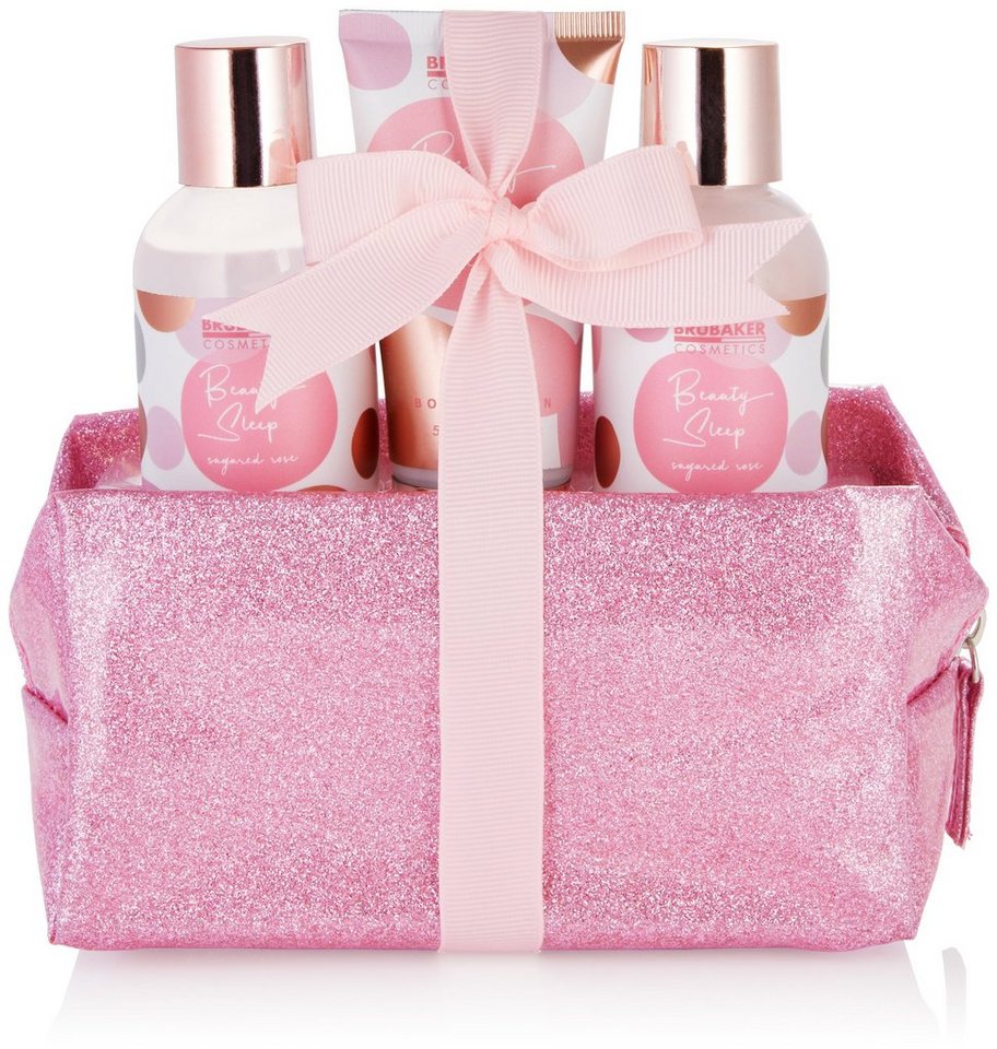 BRUBAKER Hautreinigungs-Set Rosa Dusch- und Badeset Beauty Sleep", 4-tlg., Frauen Geschenkset im praktischen Kulturbeutel, Beauty Pflegeset mit Rosen Duft für Frauen, Wellness zur Zuhause" von BRUBAKER