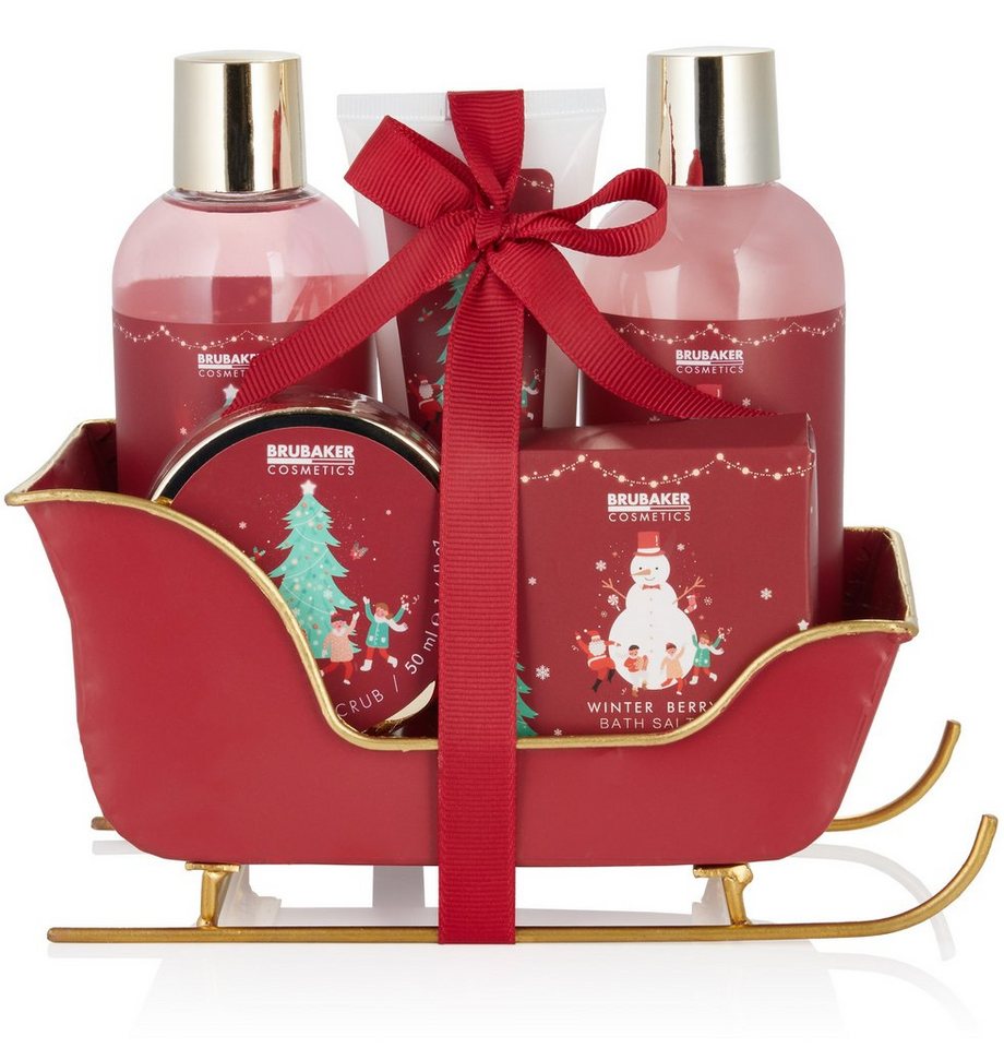 BRUBAKER Hautreinigungs-Set Weihnachten Dusch- und Badeset, 6-tlg., Beauty Frauen Geschenkset in Schlitten, Wellness Pflegeset mit Winter Beeren Duft für Damen, Rot von BRUBAKER