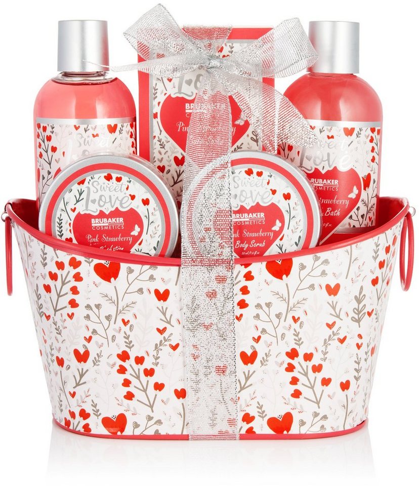 BRUBAKER Hautreinigungs-Set Wellness Dusch- und Badeset Sweet Love", 6-tlg., Damen Geschenkset im Deko Metallkorb, Pflegeset mit Erdbeeren Duft, Beauty Set Blumen und Herzen Pink" von BRUBAKER