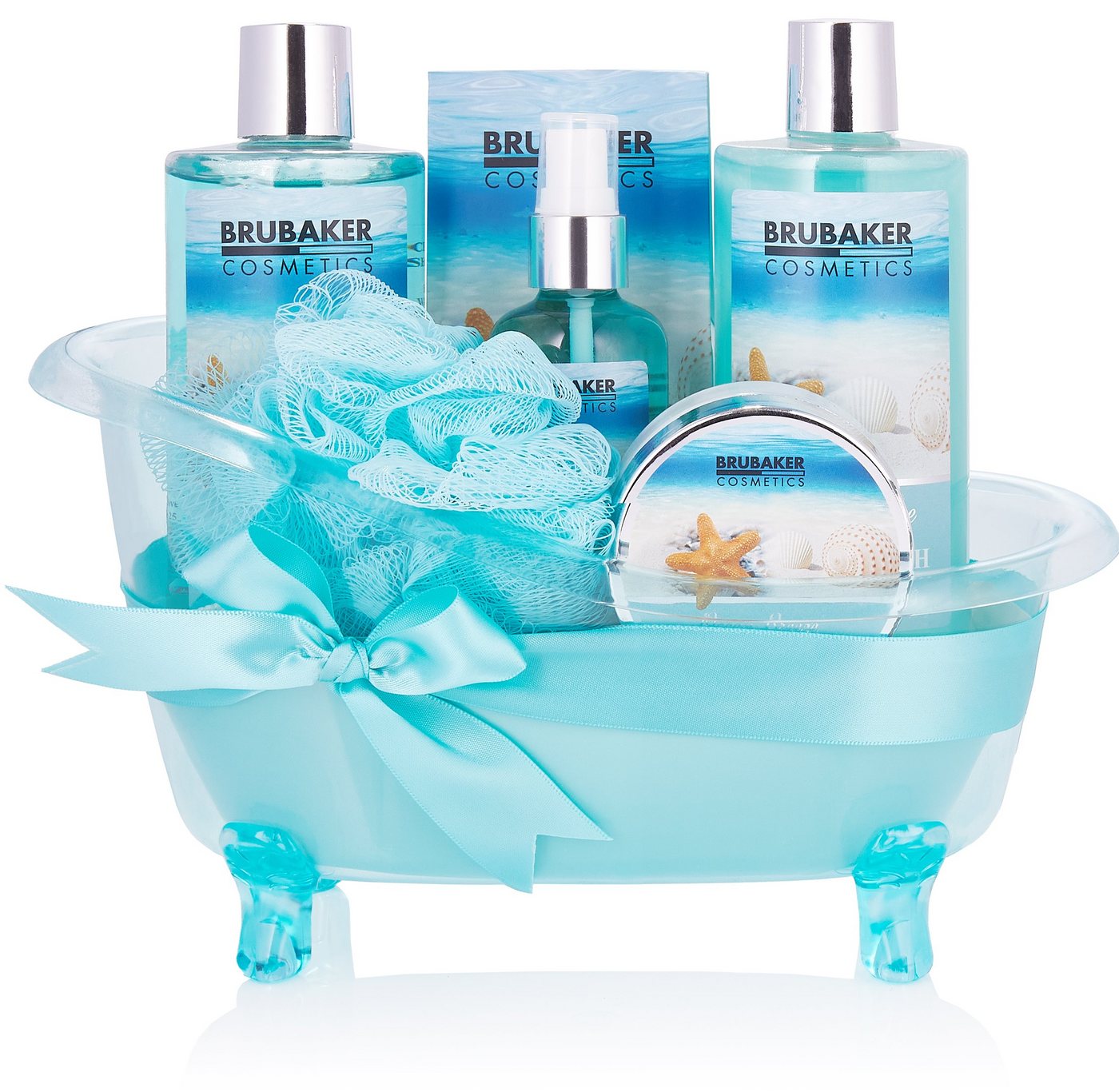 BRUBAKER Hautreinigungs-Set Wellness Geschenkset für Frauen, Summer Dreams, 7-tlg., Beauty Dusch- und Badeset für Damen, Pflegeset in Deko Badewanne mit Meer Duft, Blau von BRUBAKER