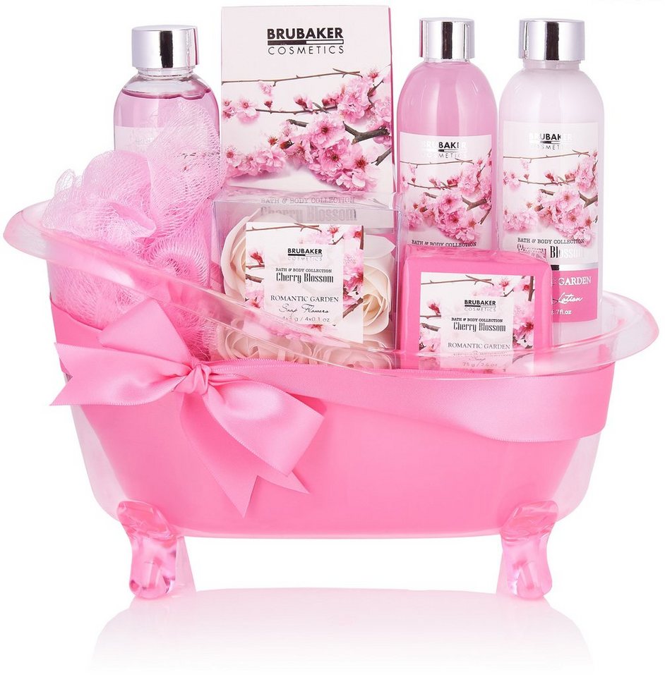 BRUBAKER Hautreinigungs-Set Wellness Geschenkset für Frauen Kirschblüten Duft, 8-tlg., Beauty Dusch- und Badeset für Damen, Pflegeset in Deko Badewanne, Rosa von BRUBAKER