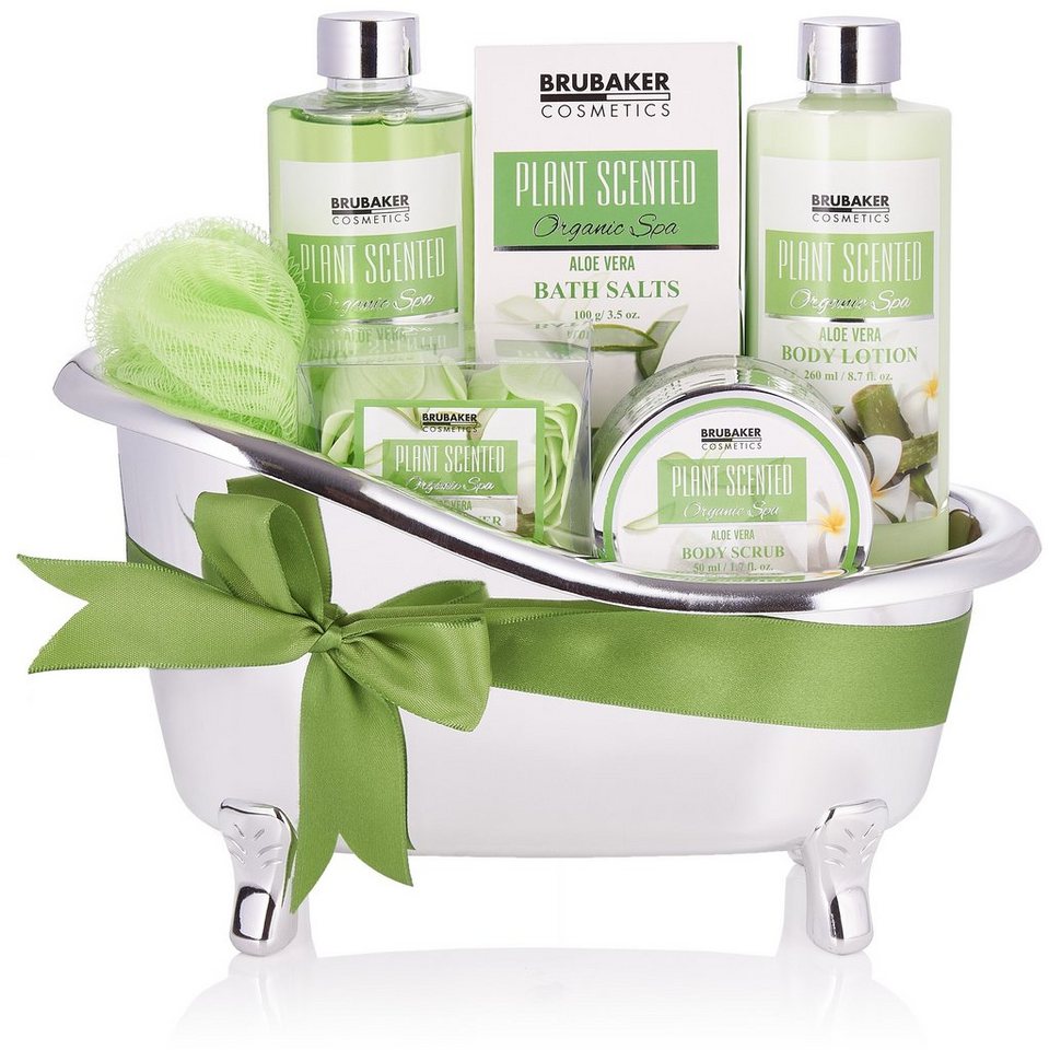 BRUBAKER Hautreinigungs-Set Wellness Geschenkset für Frauen mit Aloe Vera Duft, 7-tlg., Beauty Dusch- und Badeset für Damen, Pflegeset in Deko Badewanne, Silber Grün von BRUBAKER